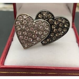 Guess Two Hearts Pave Crystal Rhinestone Ring Silver Tone Gunmetal 5.75 Signed